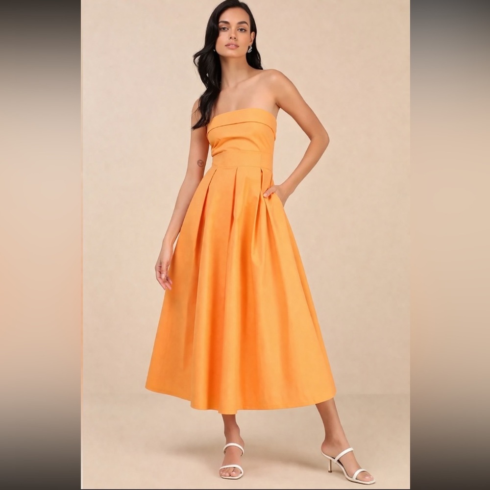 Lulu's NWT Strapless Tangerine Midi Dress with Pockets Sz M